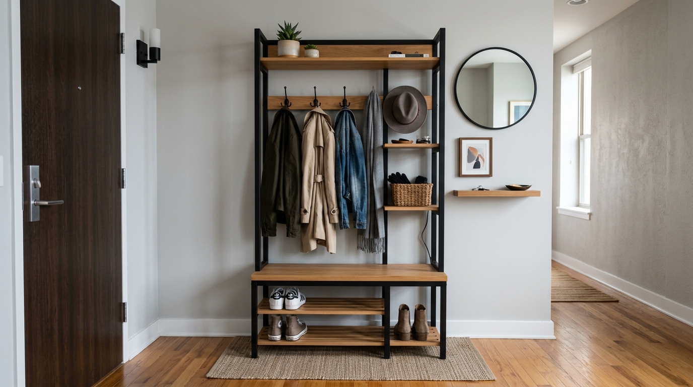 Freestanding Rental Entryway Coat & Shoe Hall Tree