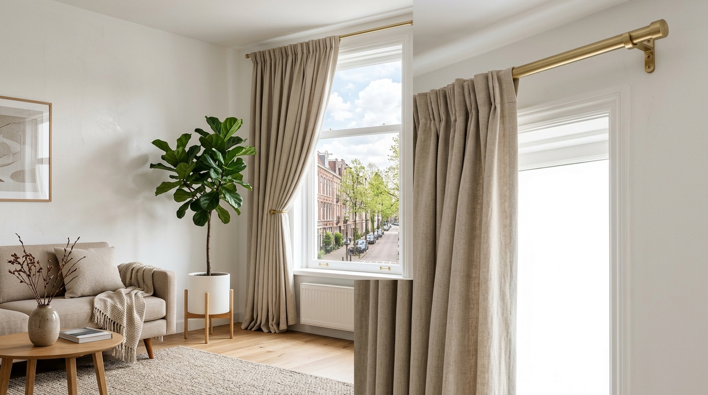 Heavy blackout curtains hung on rental window with no-drill brass curtain rod