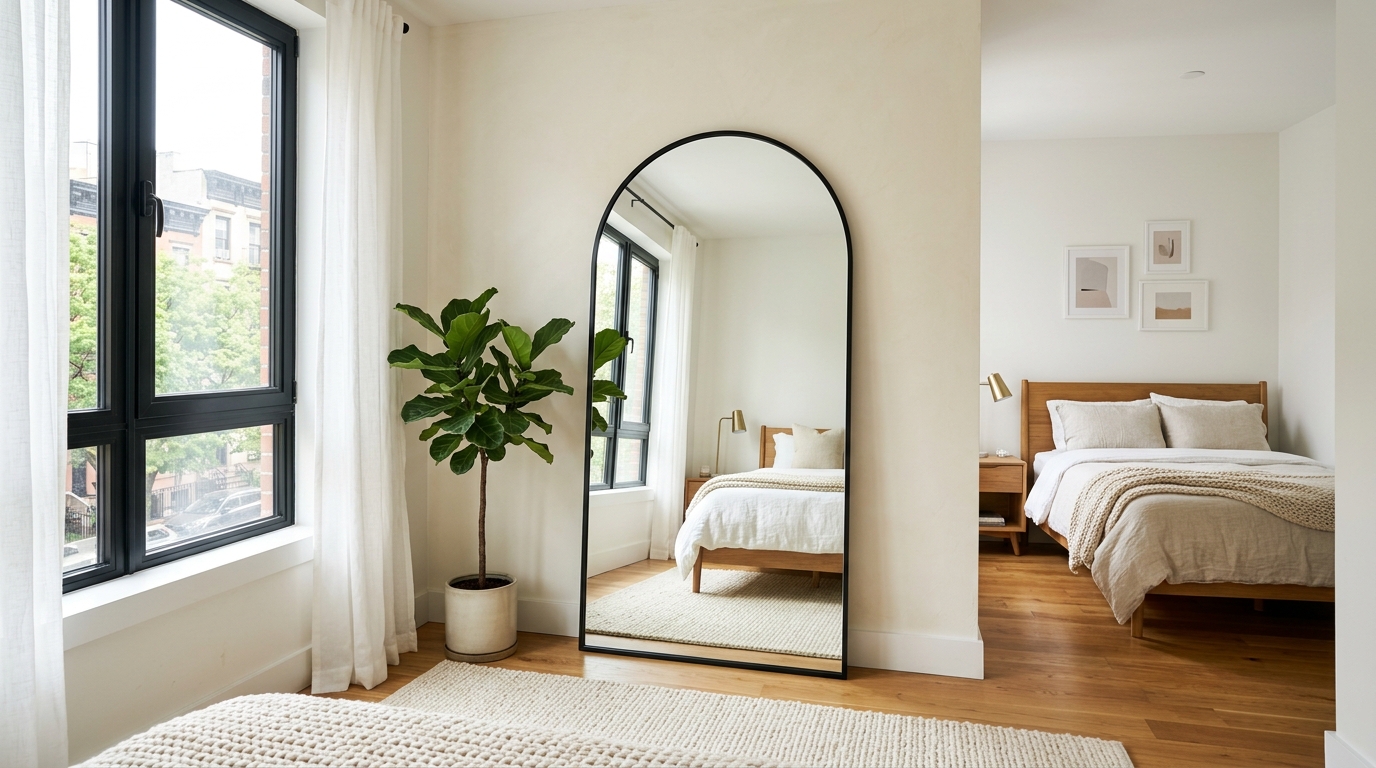 Large full-length arched mirror leaning safely in bright modern rental bedroom