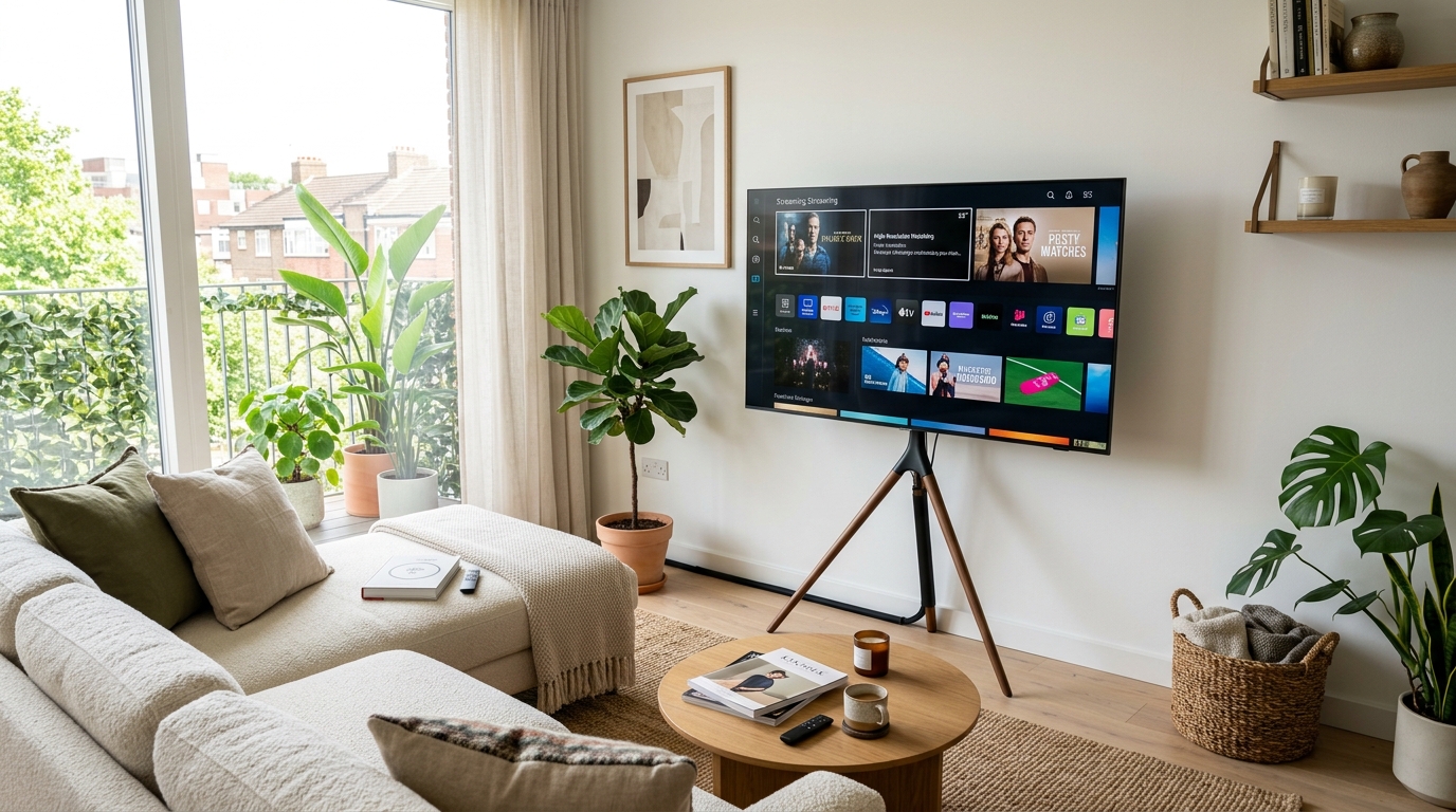 55-inch smart TV on modern tripod easel floor stand in rental living room