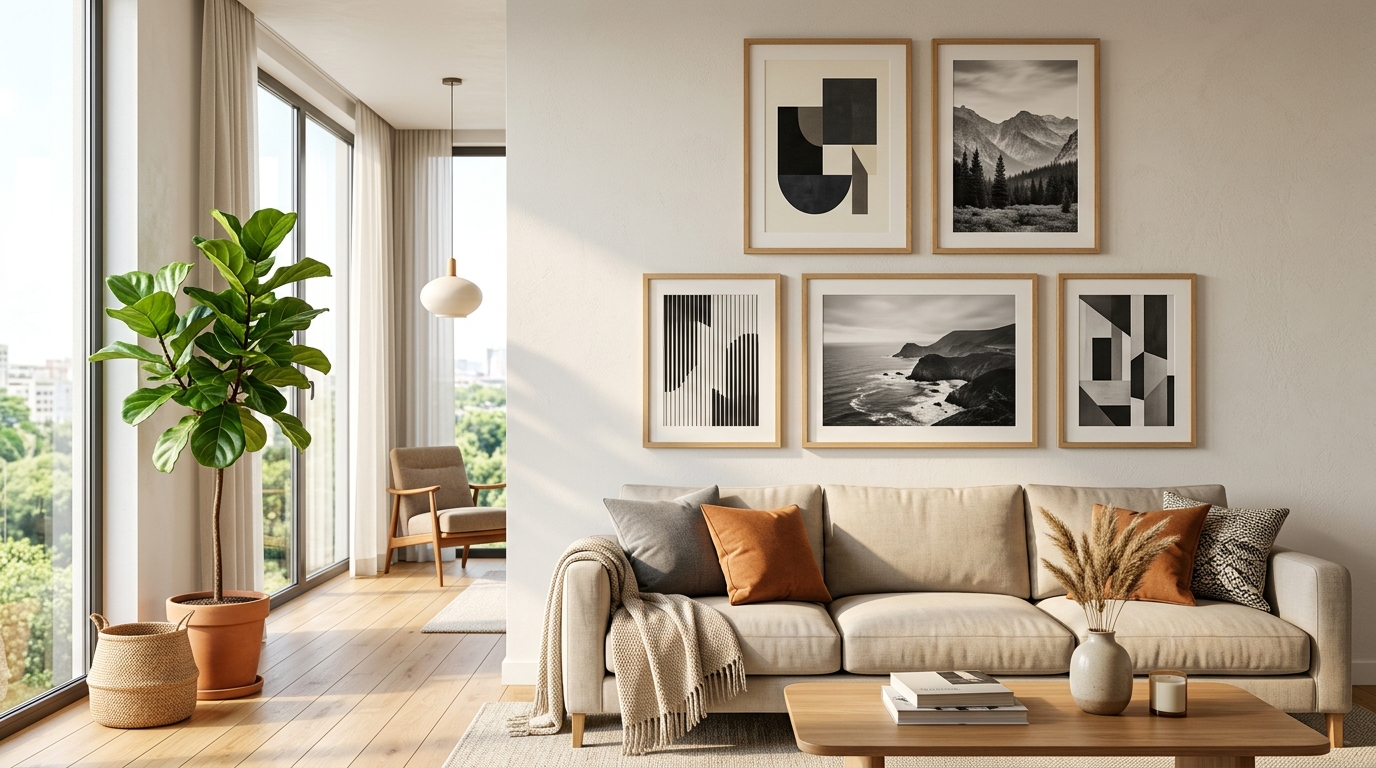 Living room gallery wall with framed art hung safely on rental apartment wall without drilling