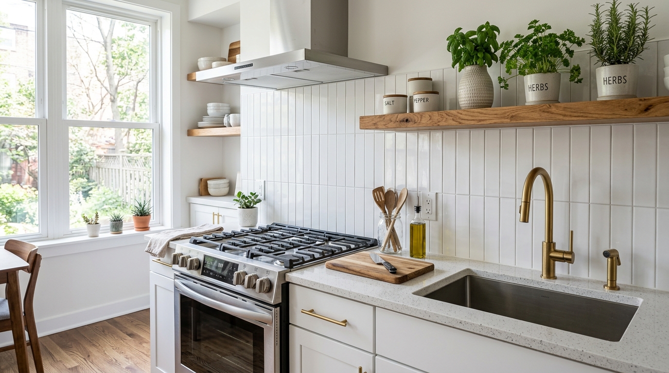 White subway peel and stick backsplash tiles installed in rental kitchen