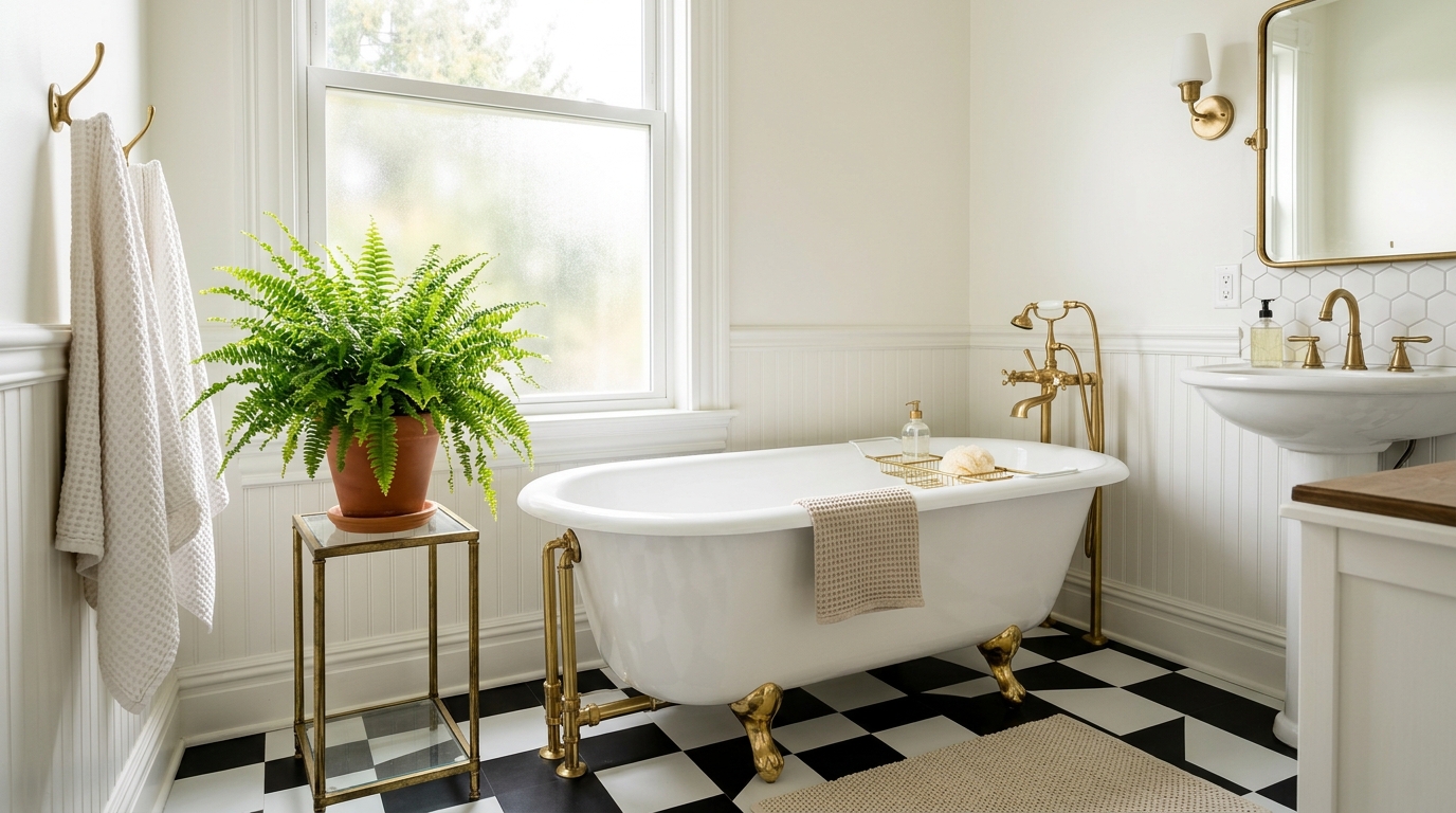Black and white checkerboard peel and stick floor tiles in bright rental bathroom