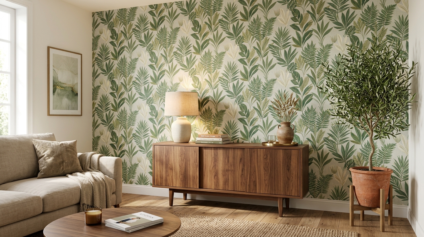 Botanical green peel and stick wallpaper accent wall in rental living room