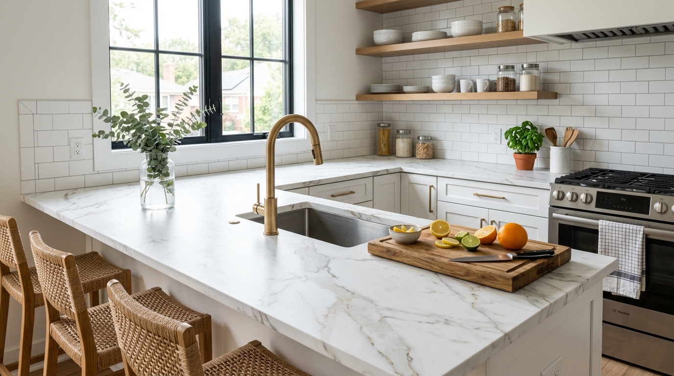 Faux marble contact paper on rental kitchen countertop with brass faucet