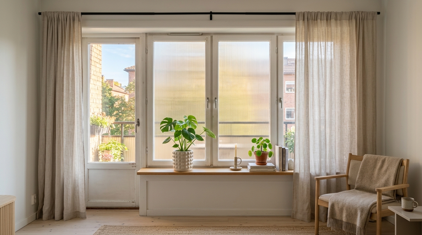 Modern fluted reeded glass static cling privacy window film in rental apartment