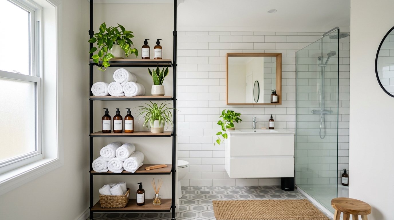 Tension Pole Shelving Organizer for Rental Bathrooms