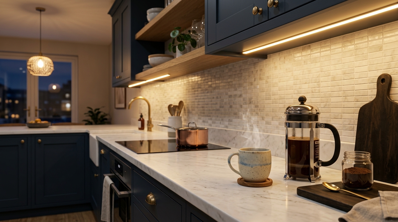 Warm under-cabinet wireless magnetic LED lighting in rental kitchen at evening