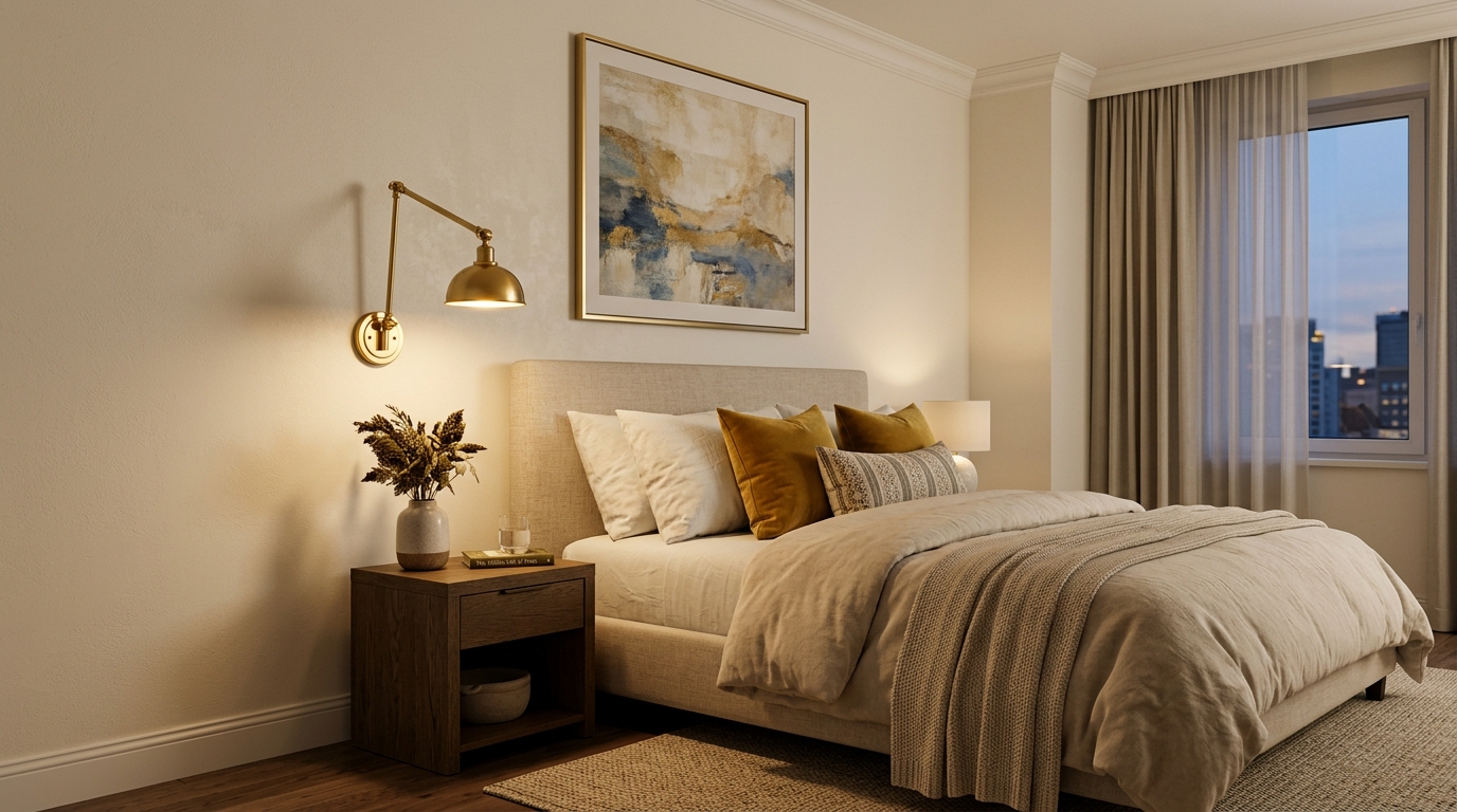Brass articulated wall sconce with warm wireless glow beside rental bed